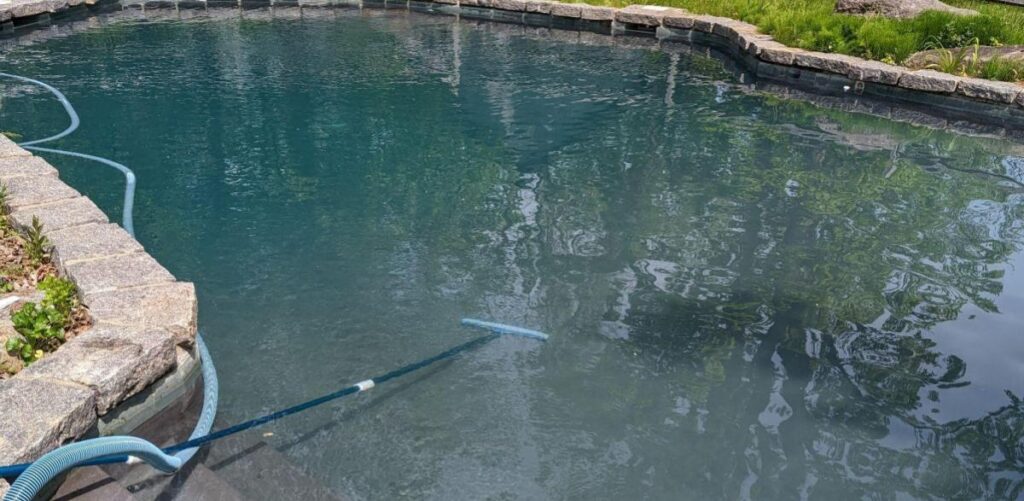 Skimming and brushing a dirty pool that has just been opened