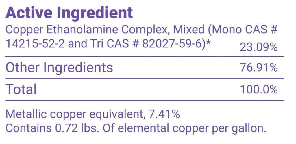 ingredients list in a copper algaecide
