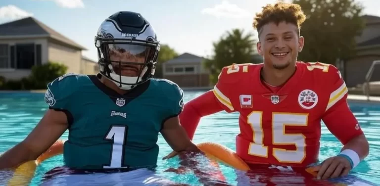 Jalen Hurts and Patrick Mahomes in a pool. This is AI generated